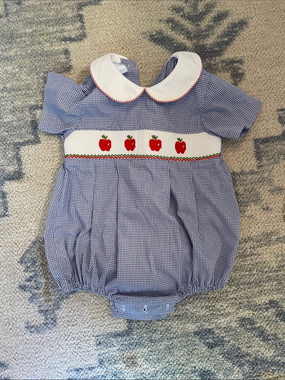 Petit Bebe Blue Gingham Apple Smocked Baby Bubble with Peter Pan Collar 12 month